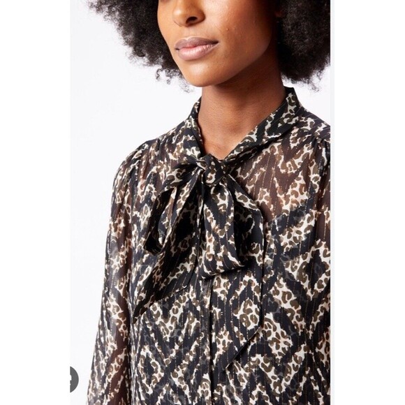 Marie Oliver S Lauren Blouse Button Down Bow Tie Neck 100% Silk Animal Print - Picture 3 of 7